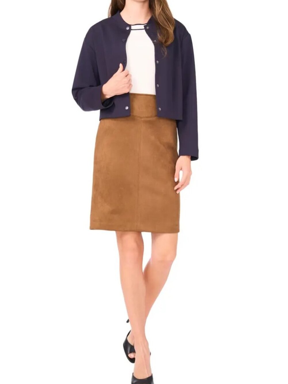Waistband Seam Detail Faux Suede Midi Skirt